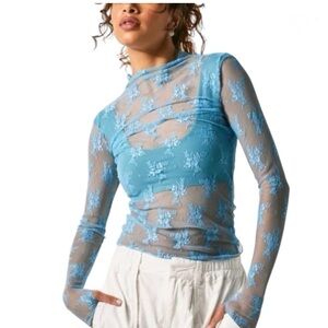 Free People Intimately Lady Lux Sheer Blue Lace Layering Top, NWOT, Women’s XS